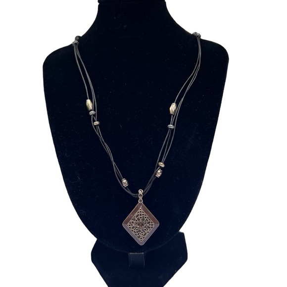 Gold/Copper Pendant on 20” 3 Layer Black Leather Corded Necklace With Beads - Picture 1 of 7